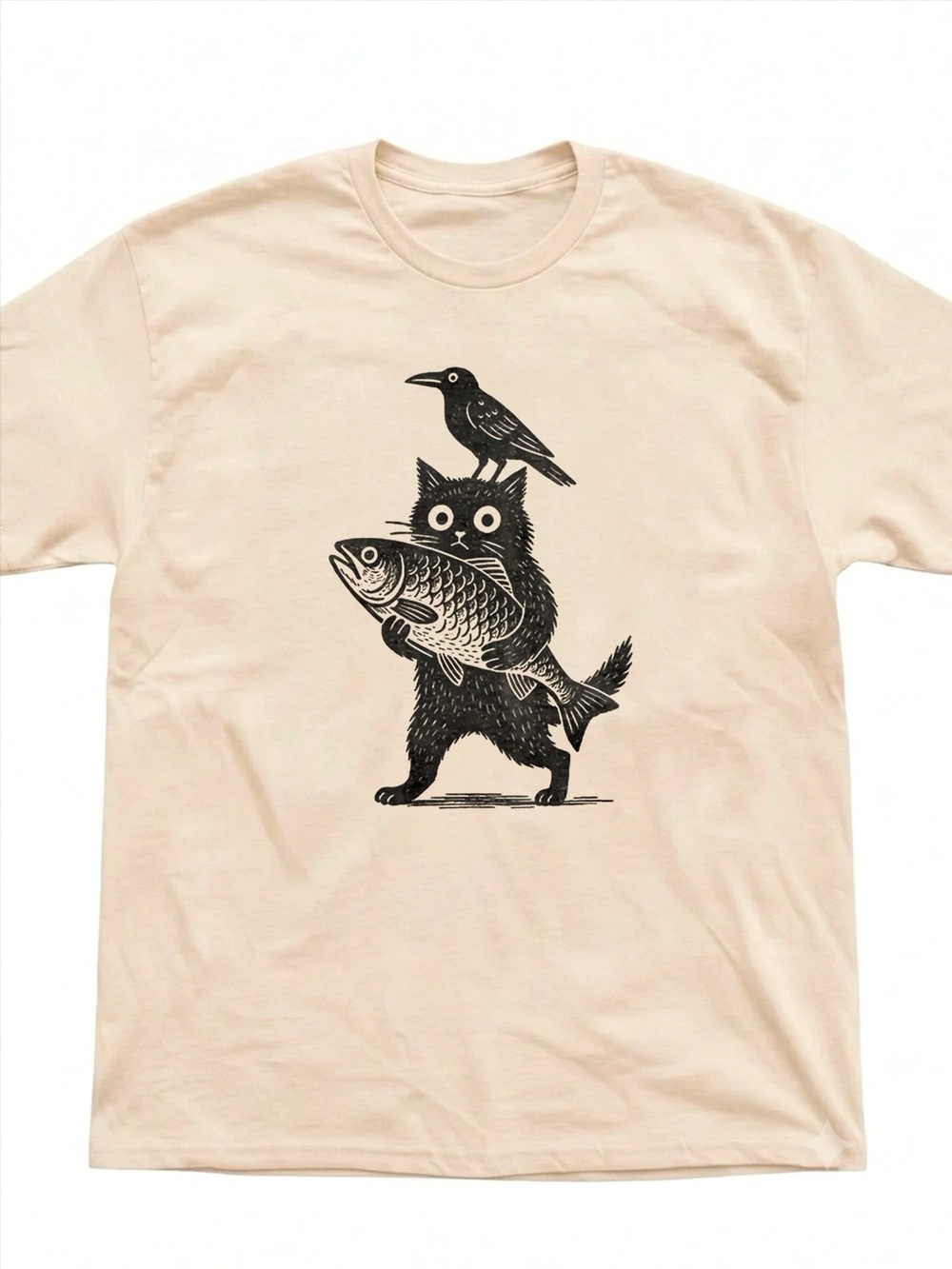 Quirky Black Cat Crow Fish Folk Art Cream Graphic Tee